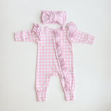 Pink Gingham Frilly Onesie & Dusky Pink Bow Set