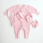 prtty pinkbunny ears booties and chunky knit romper and booties