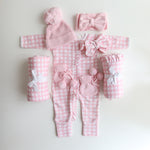 pretty-pink-gingham-onesie-growsuit with matching swaddles, bows and booties