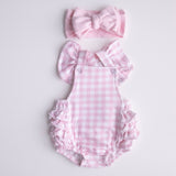 pretty pink gingham playsuit with pretty pink jacquard knit bow