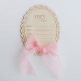 Baby Gift Set – Pink Frill Knit Romper, Frill Booties, Bow & Disc She's Here, Pink Ribbon