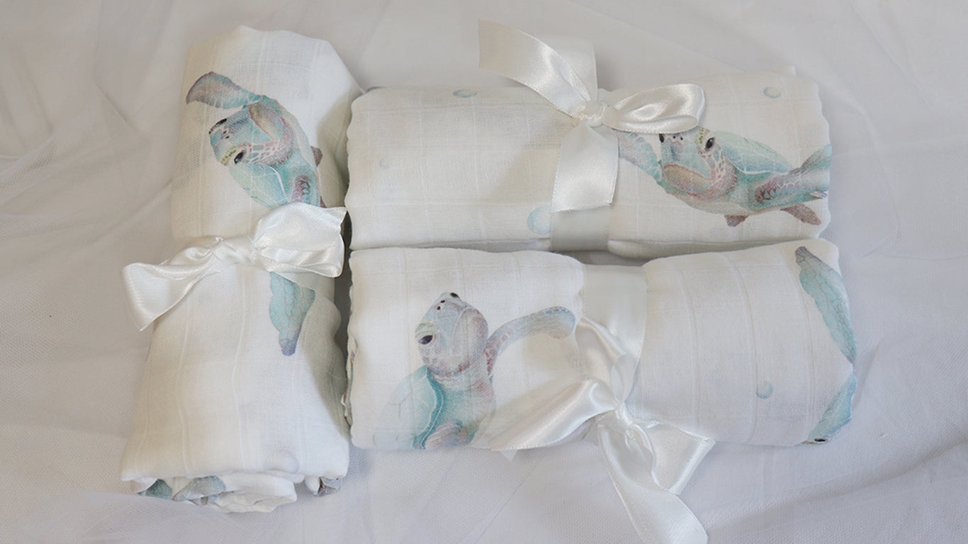 Ocean Turtle organic muslin swaddle by Thea With Love
