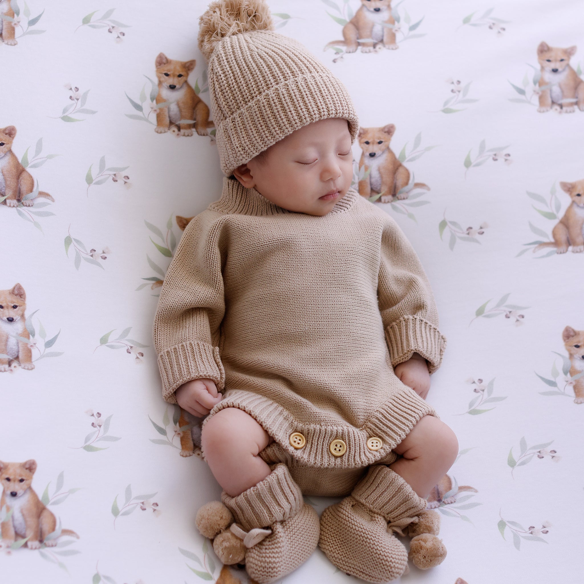 HEIRLOOM COFFEE COTTON  KNITTED ROMPER FOR NEWBORNS MATCHED WITH BOOTIES AND BEANIE