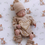 COFFEE HEIRLOOM COTTON KNITTED ROMPER WITH HEART ANNOUNCEMENT DISC