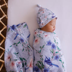 muslin-swaddle-blue fairy wren with beanie