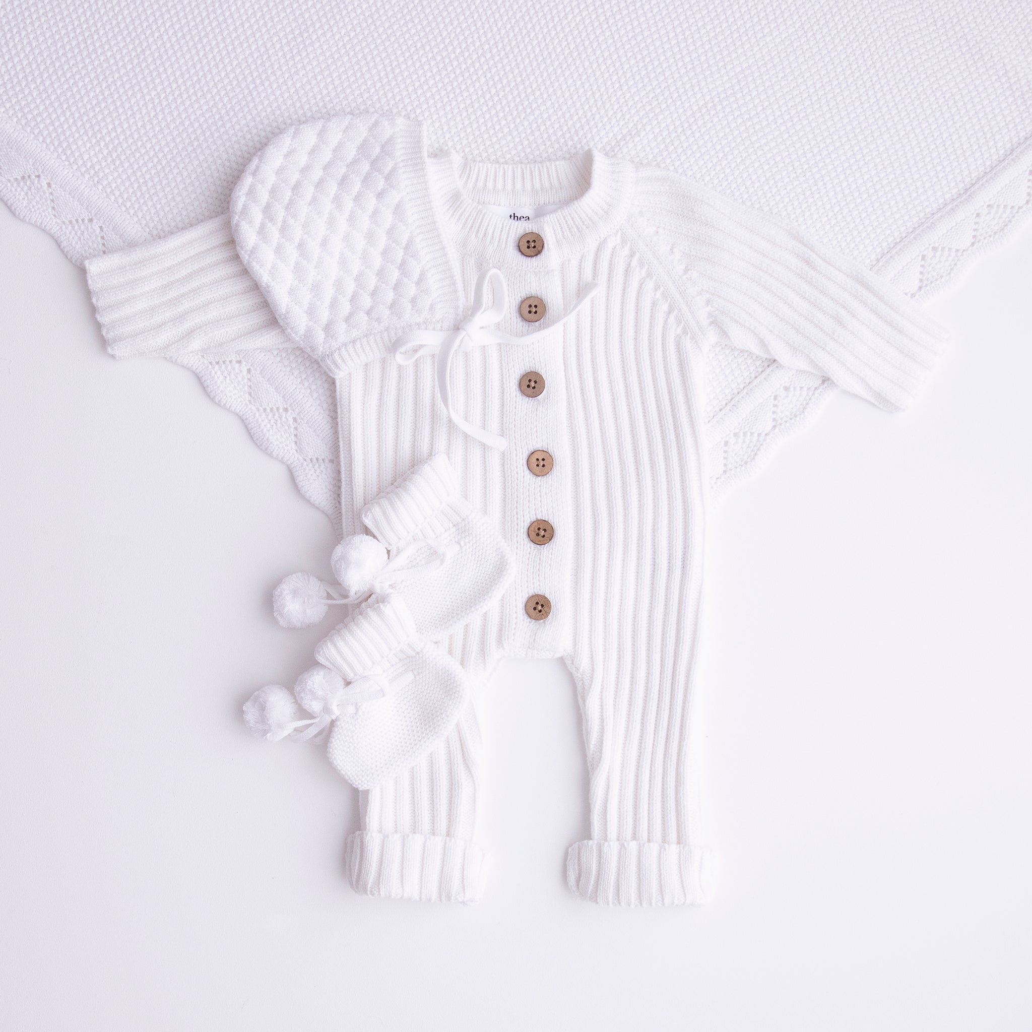 milk ribbed romper newborn 0000 knitted cotton matching bonnet and booties and heirloom blanket