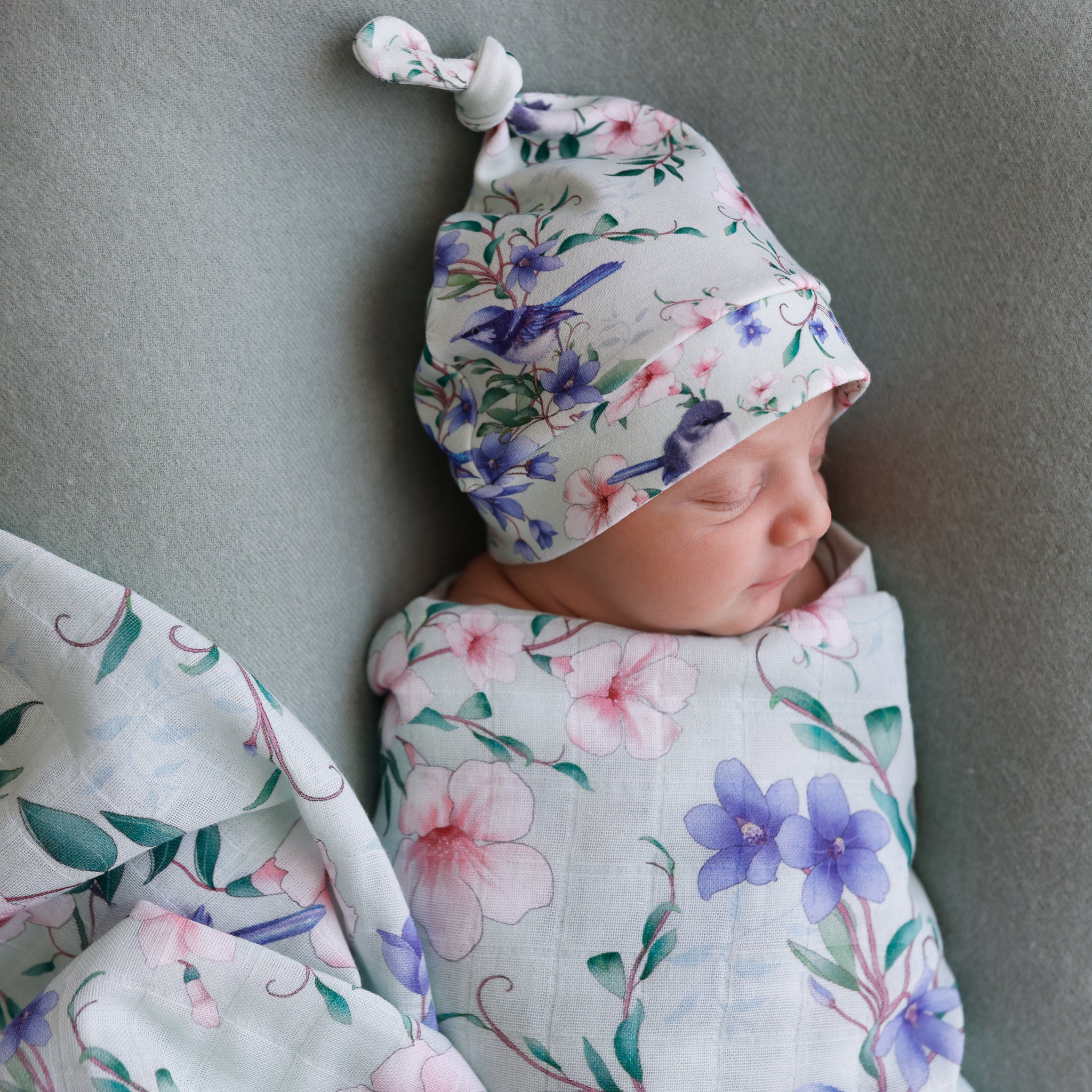 Mint fairy wren organic muslin swaddle and matching beanie