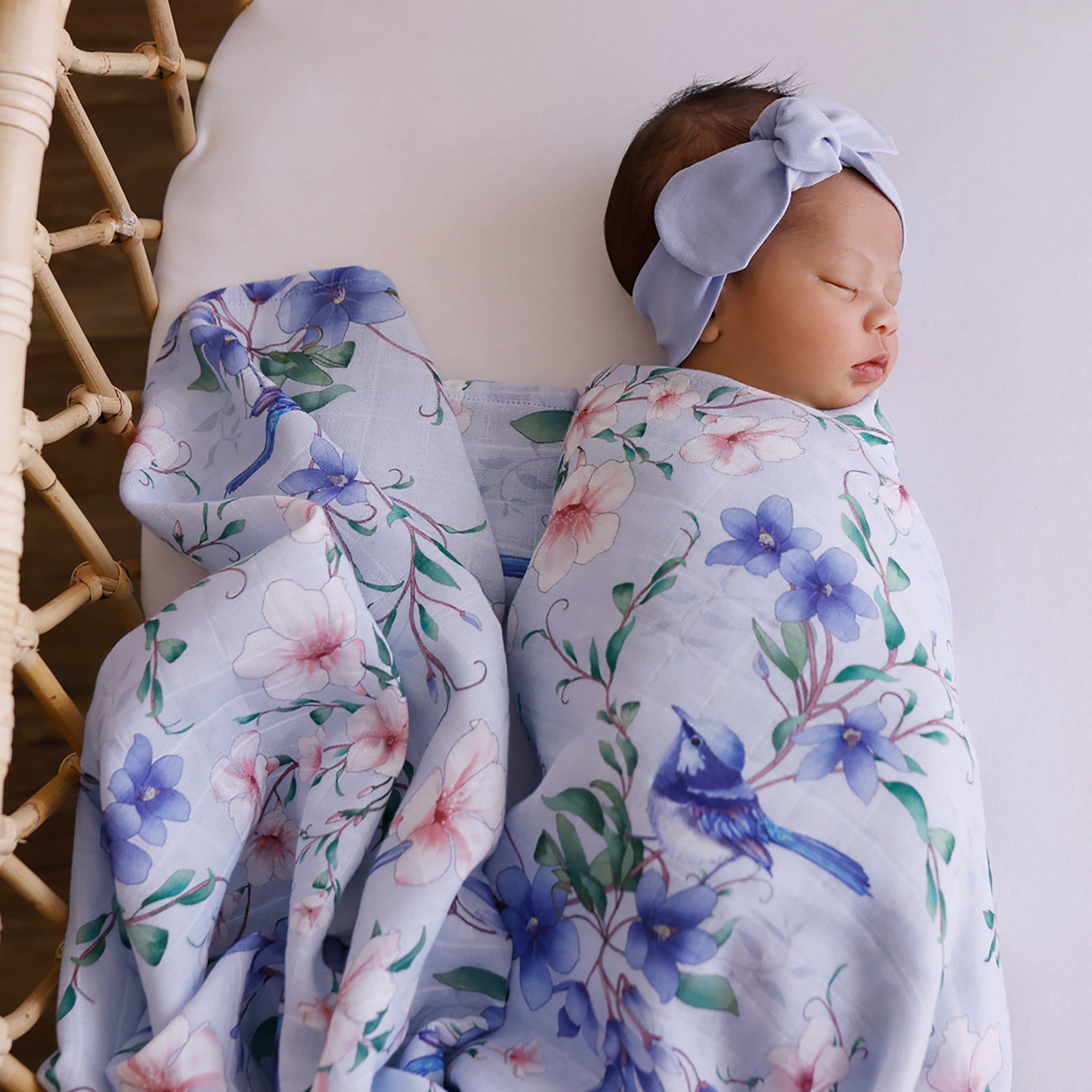 blue wren muslin swaddle with lilac baby bow newborn
