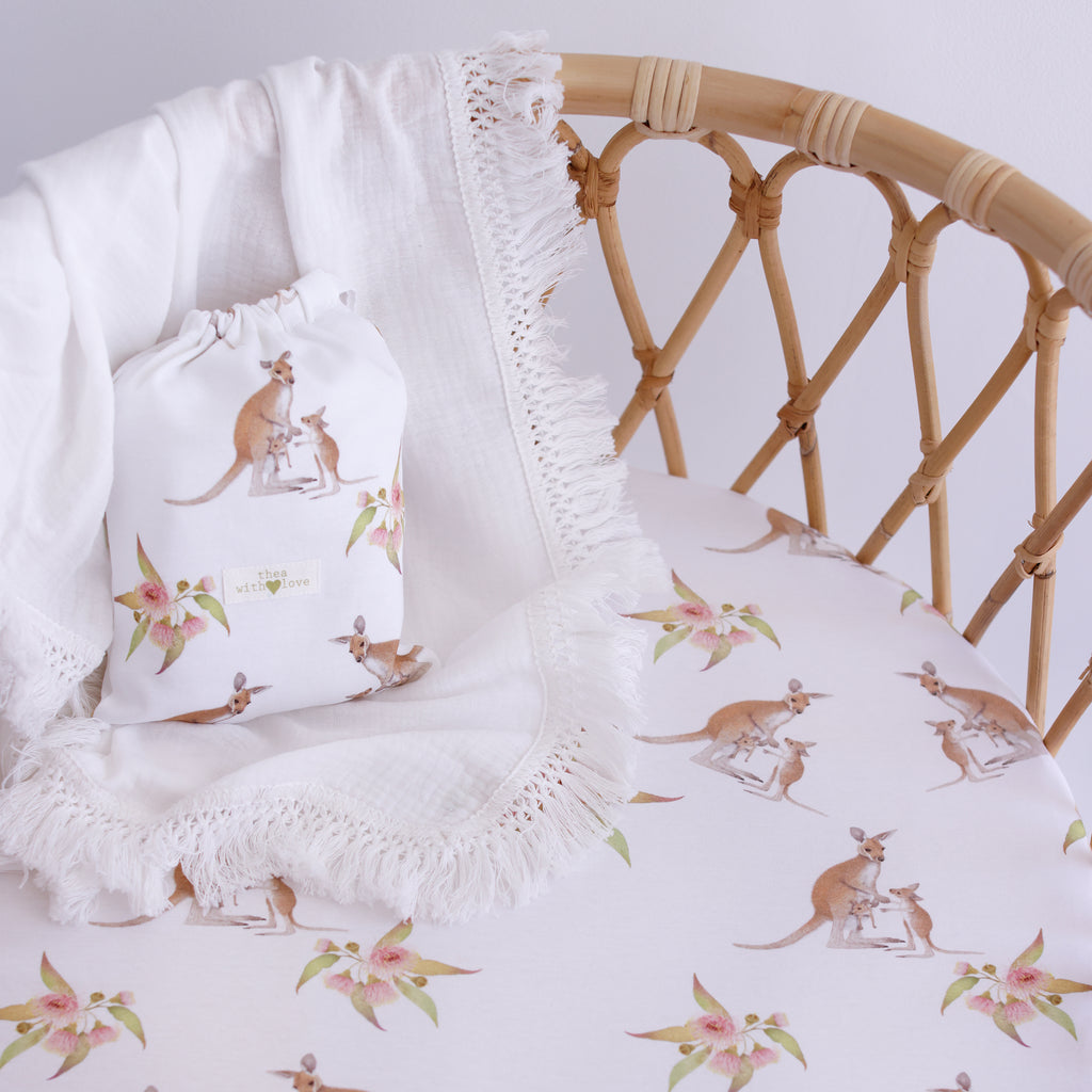 Kangaroo & Blossom Fitted Bassinet Sheet/Change Pad Cover