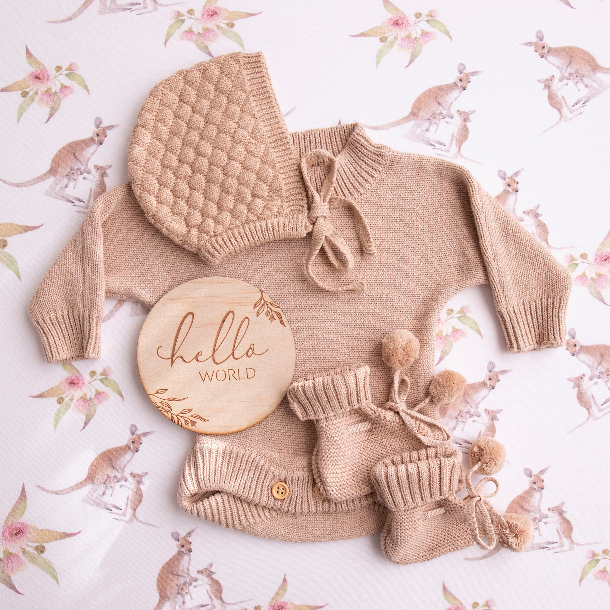 caramel-romper with pom pom booties,bonnet and announcement disc for newborns 100 cotton knit