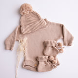 caramel-romper-booties and beanie-cotton-knitted for newborns