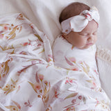 blossom baby jersey wrap and matching blossom topknot  for those announcement photos.gots certified organic cotton for newbornsjersey-wrap-organic-cotton-gum-blossom
