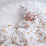 kangaroo-paw-muslin swaddles and matching beanie