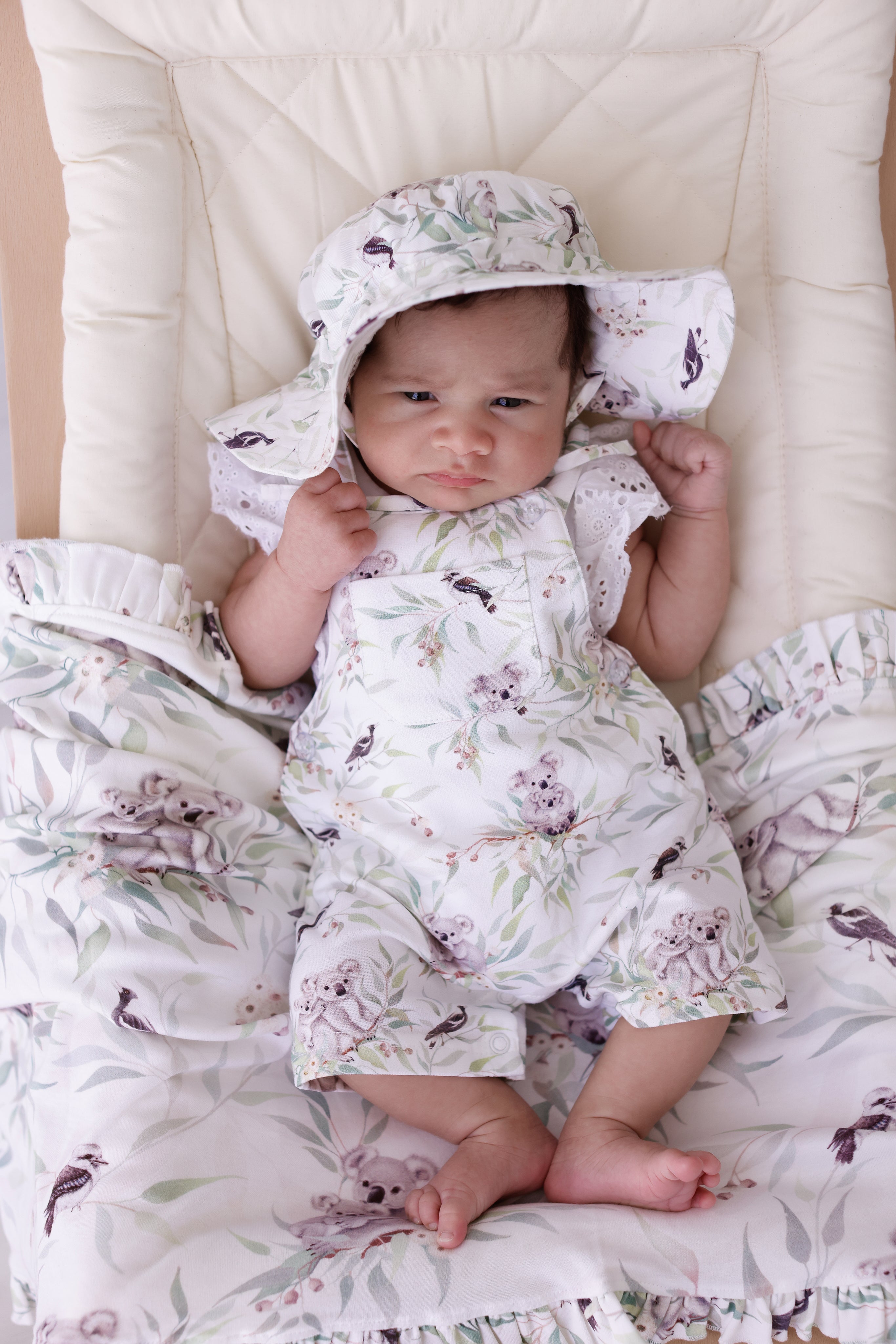 koala-hugs-overalls ad matching sun hat and frilly tshirt