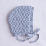 baby bonnet heirloom cotton knit misty blue and matches the soft tones of koala hugs bodysuits and swaddles