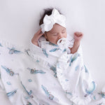 ocean-turtle-frill-baby-wrap with white bow headwear