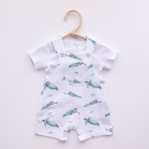 ocean turtle pocket overalls gender neutral with white t shirt