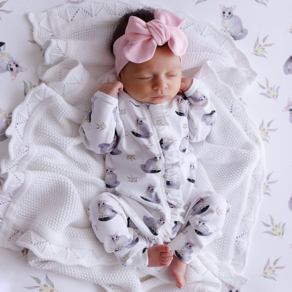 possum frill onesie for newborns pink bow  accessorie