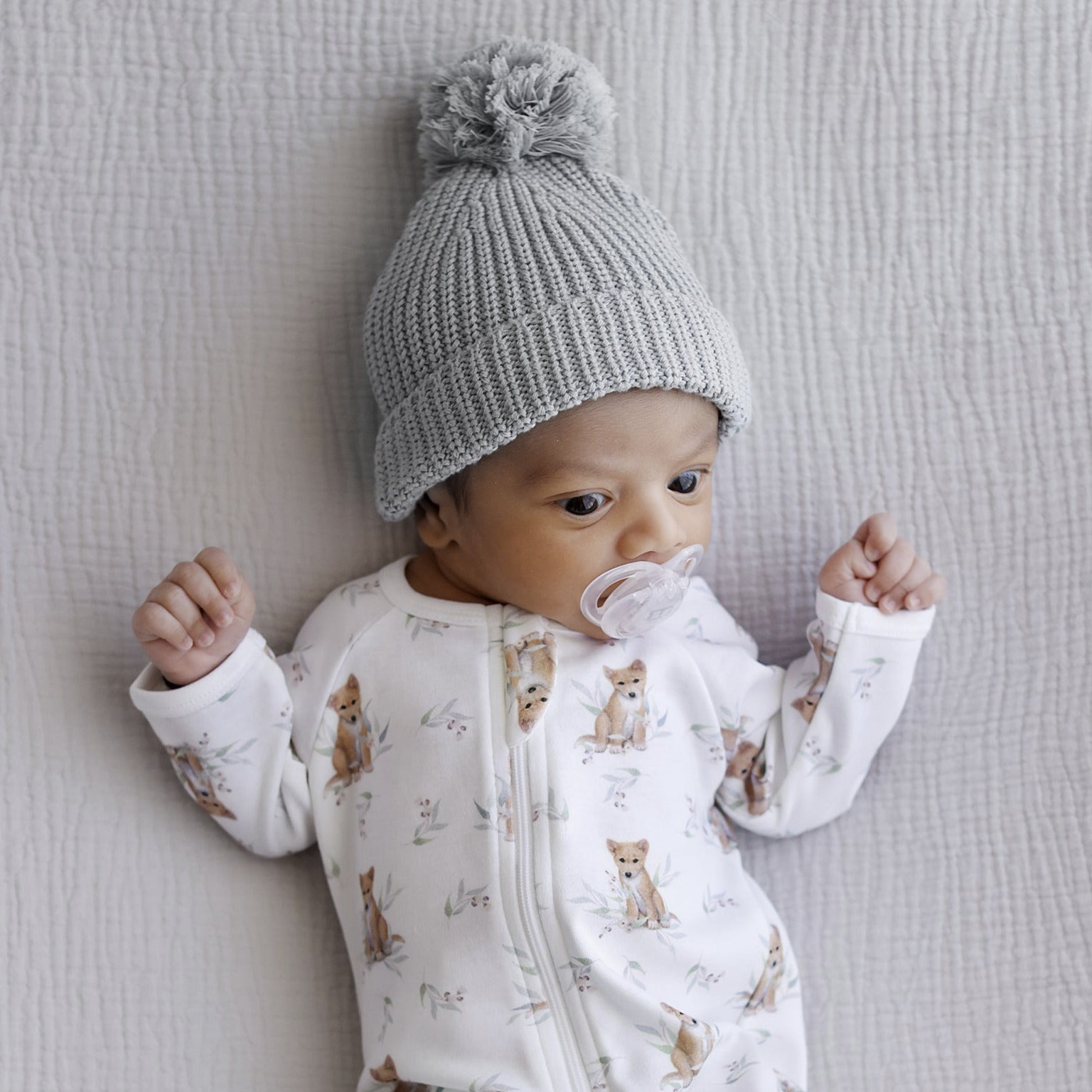 sage-grey-knitted-beanie-with  pom pom for newborns